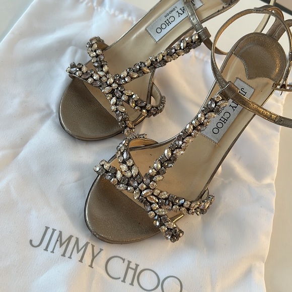 Jimmy Choo High Metal Heels with Crystals Cocktail Sandals Evening Shoes 37.5 - Picture 8 of 11